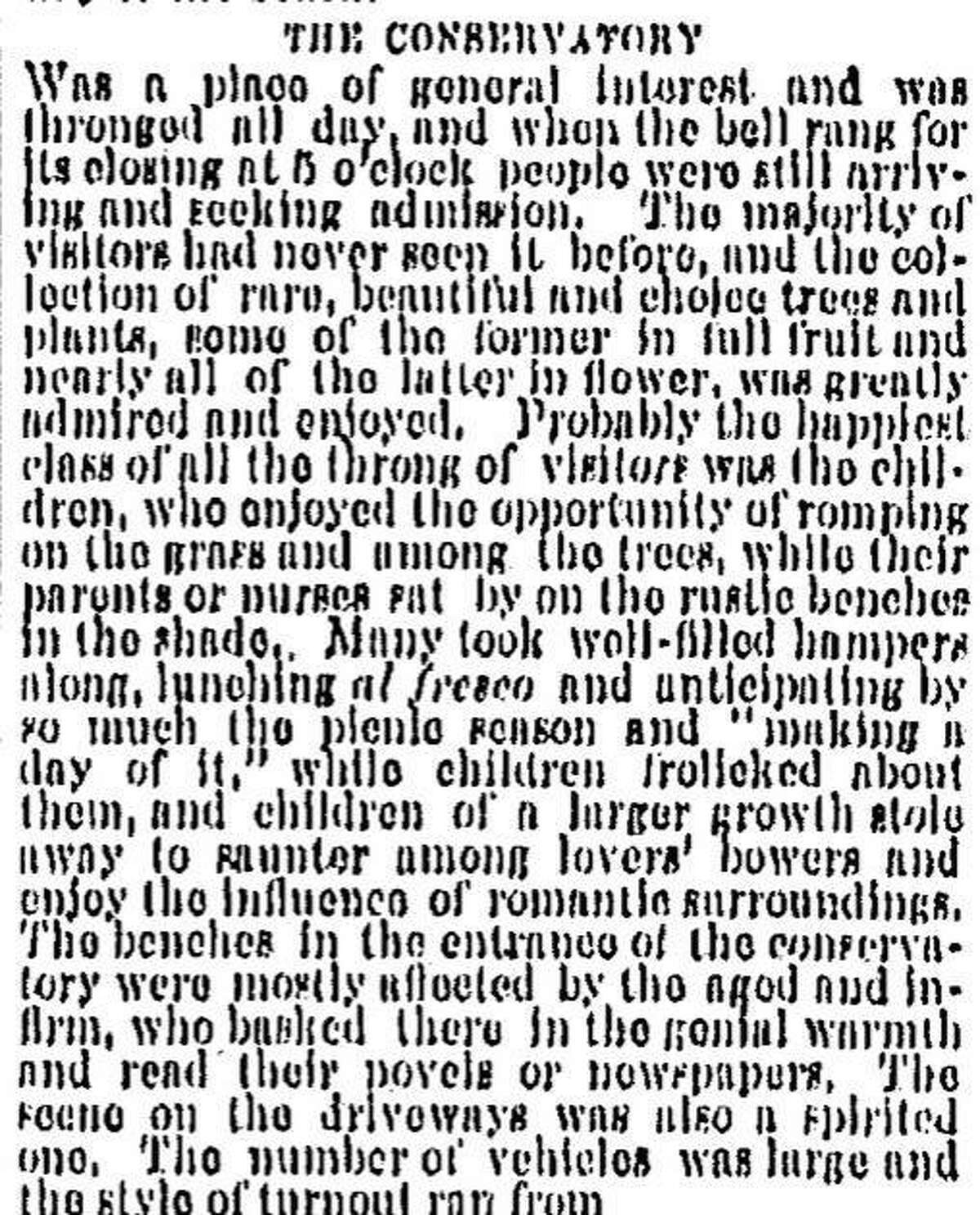 A Chronicle story about a leisurely day at the Conservatory of Flowers as well as Golden Gate Park, February 29, 1880