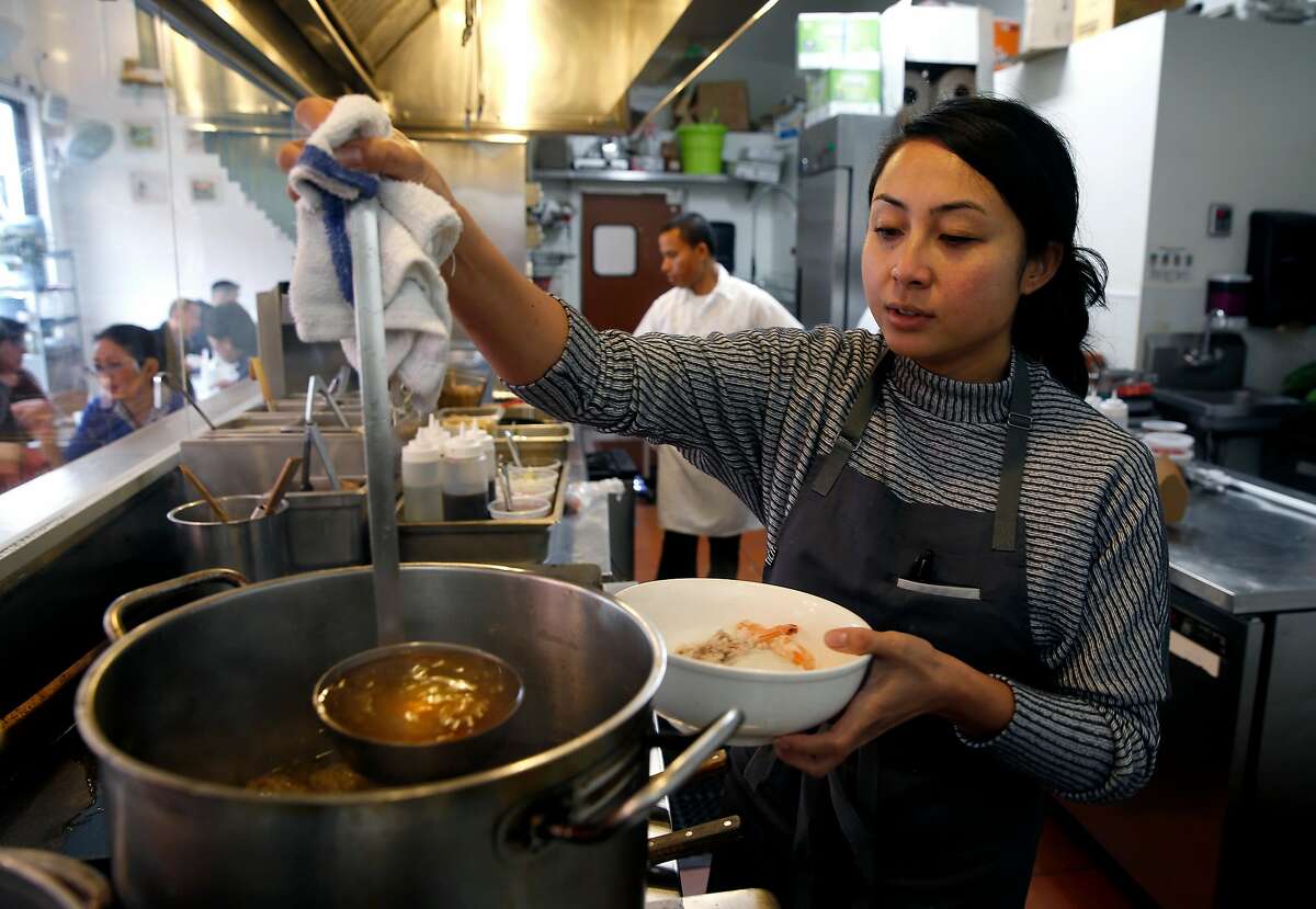 Chef/owner Nite Yun prepares an order of the Kuy Teav Phnom Penh noodle soup at Nyum Bai Cambodian restaurant in Oakland, Calif. on Friday, Dec. 21, 2018.
