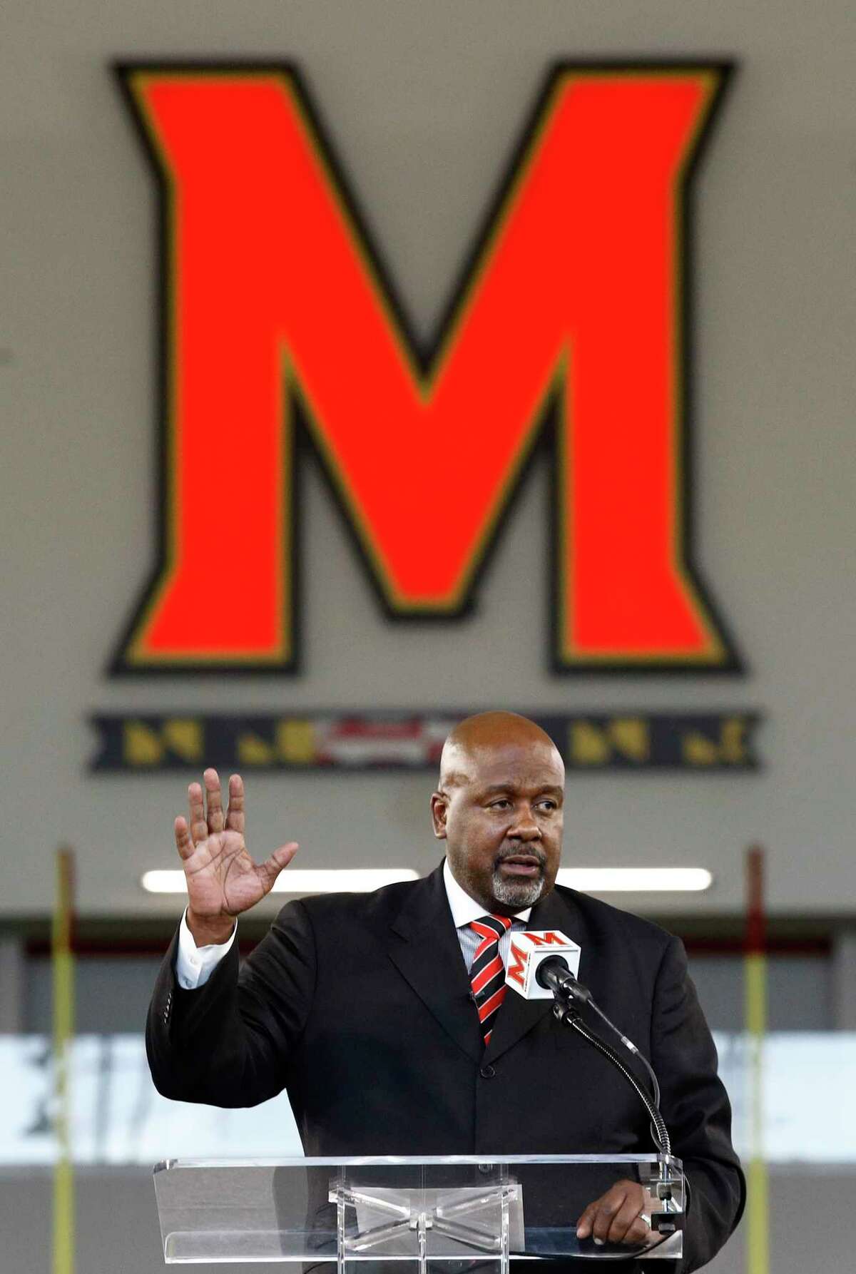 Maryland's New head football coach Mike Locksley speaks at an NCAA college football news conference, Thursday, Dec. 6, 2018, in College Park, Md. Locksley, Alabama's offensive coordinator, will take over at Maryland after the most tumultuous year in the program's recent history. (AP Photo/Patrick Semansky)