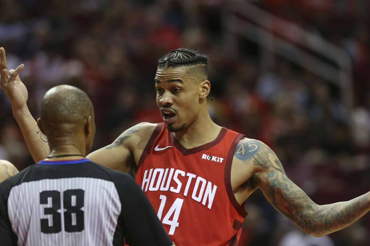 Houston Rockets guard Gerald Green (14) tells referee Michael Smith (38) his disagreements with the referees' calls during the third quarter of the NBA game against the Oklahoma City Thunder at Toyota Center on Tuesday, Dec. 25, 2018, in Houston.