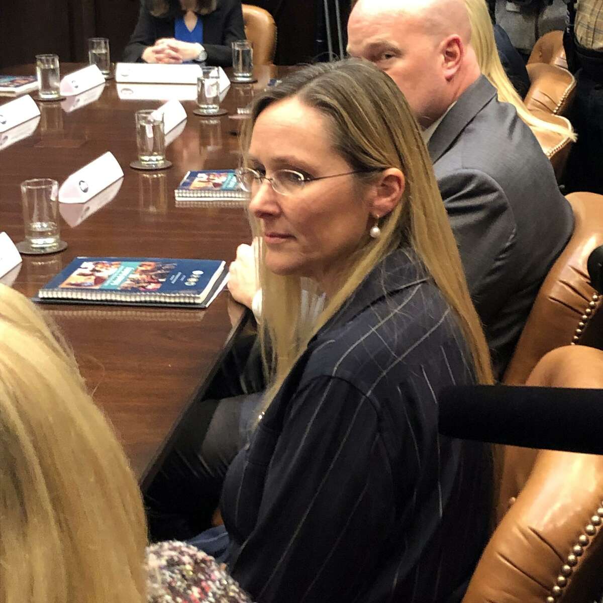 Scarlett Lewis, who lost her son Jesse at Sandy Hook, attends a round table White House meeting on school safety with a President Trump at the White House on Tuesday, Dec. 18, 2018.