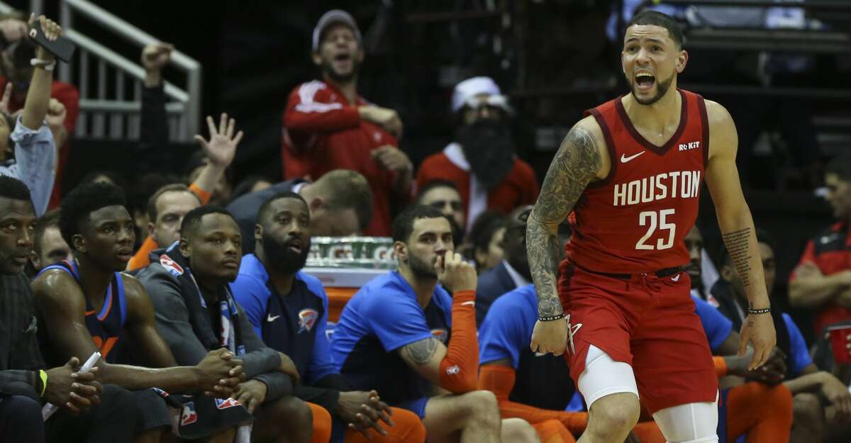 Houston Rockets guard Austin Rivers (25) is happy after scoring a three point basket during the fourth quarter of the NBA game against the Oklahoma City Thunder at Toyota Center on Tuesday, Dec. 25, 2018, in Houston. The Houston Rockets defeated the Oklahoma City Thunder 113-109.