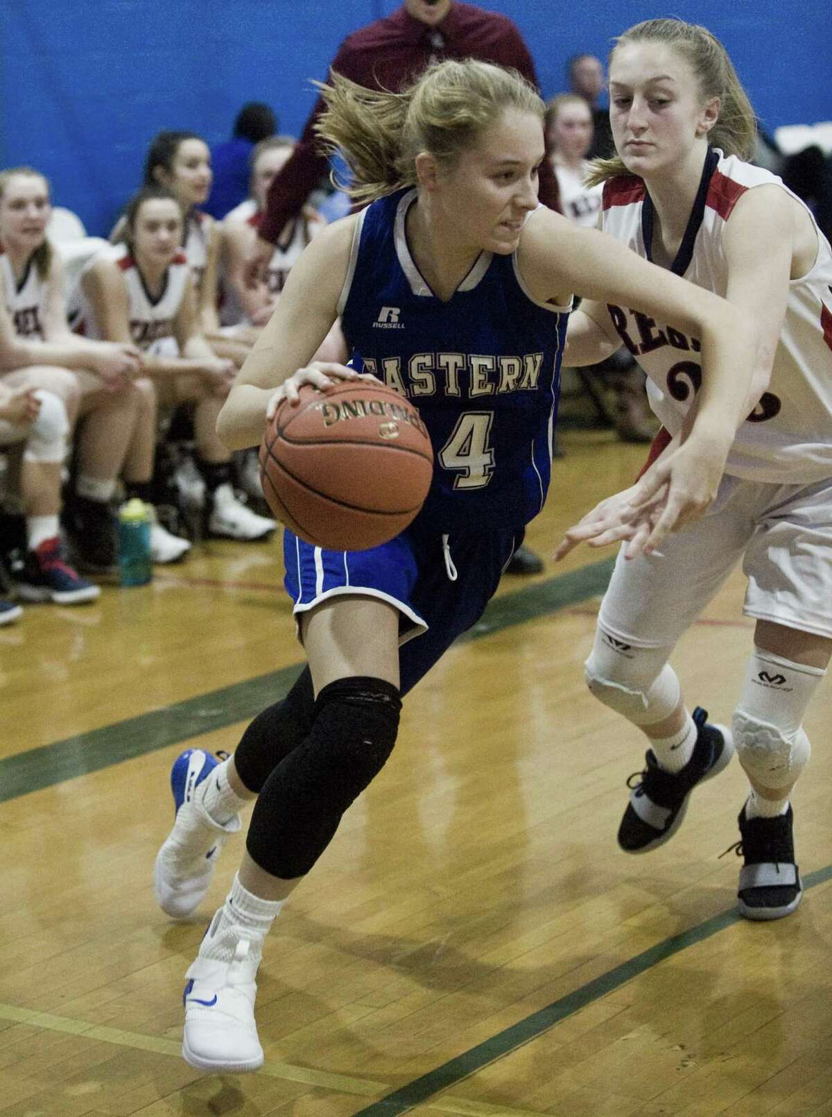 Bristol Eastern High School's Alyssa Kehler heads to the basket in a tournament game against New Fairfield High School, played at the Danbury War Memorial. Wednesday, Dec. 26, 2018
