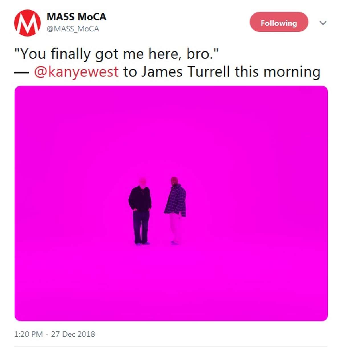 MASS MoCA's verified Twitter account sent this tweet featuring Kanye West on Dec. 27, 2018. (Screenshot, @MASS_MoCA on Twitter)