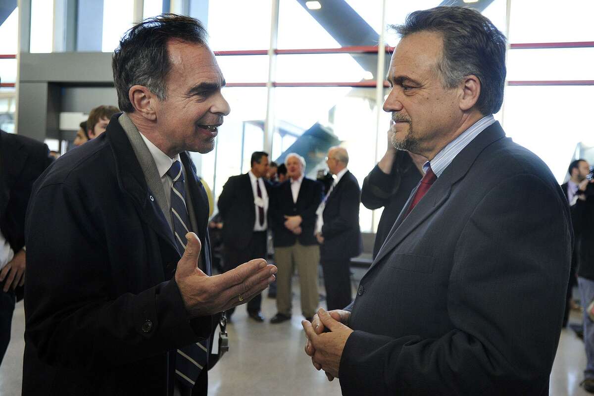 Metro-North President Joseph Giulietti speaks with Ted Cook, of Fairfield, during Giulietti’s first listening session at the Stamford, Conn., train station on Thursday, April 10, 2014.