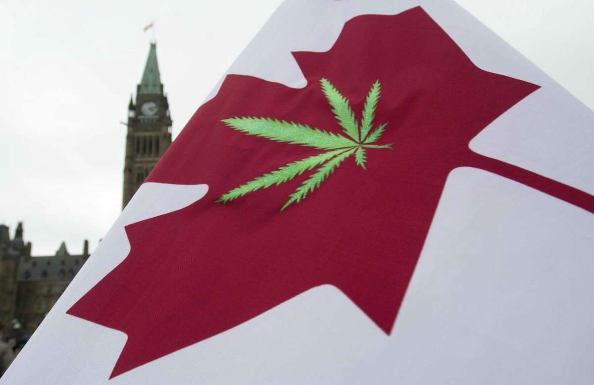 In this April 20, 2015 file photo, a Canadian flag with a cannabis leaf flies on Parliament Hill during a 4/20 protest in Ottawa, Ontario. Canada is following the lead of Uruguay in allowing a nationwide, legal marijuana market, although each Canadian province is working up its own rules for pot sales. The federal government and the provinces also still need to publish regulations that will govern the cannabis trade.
