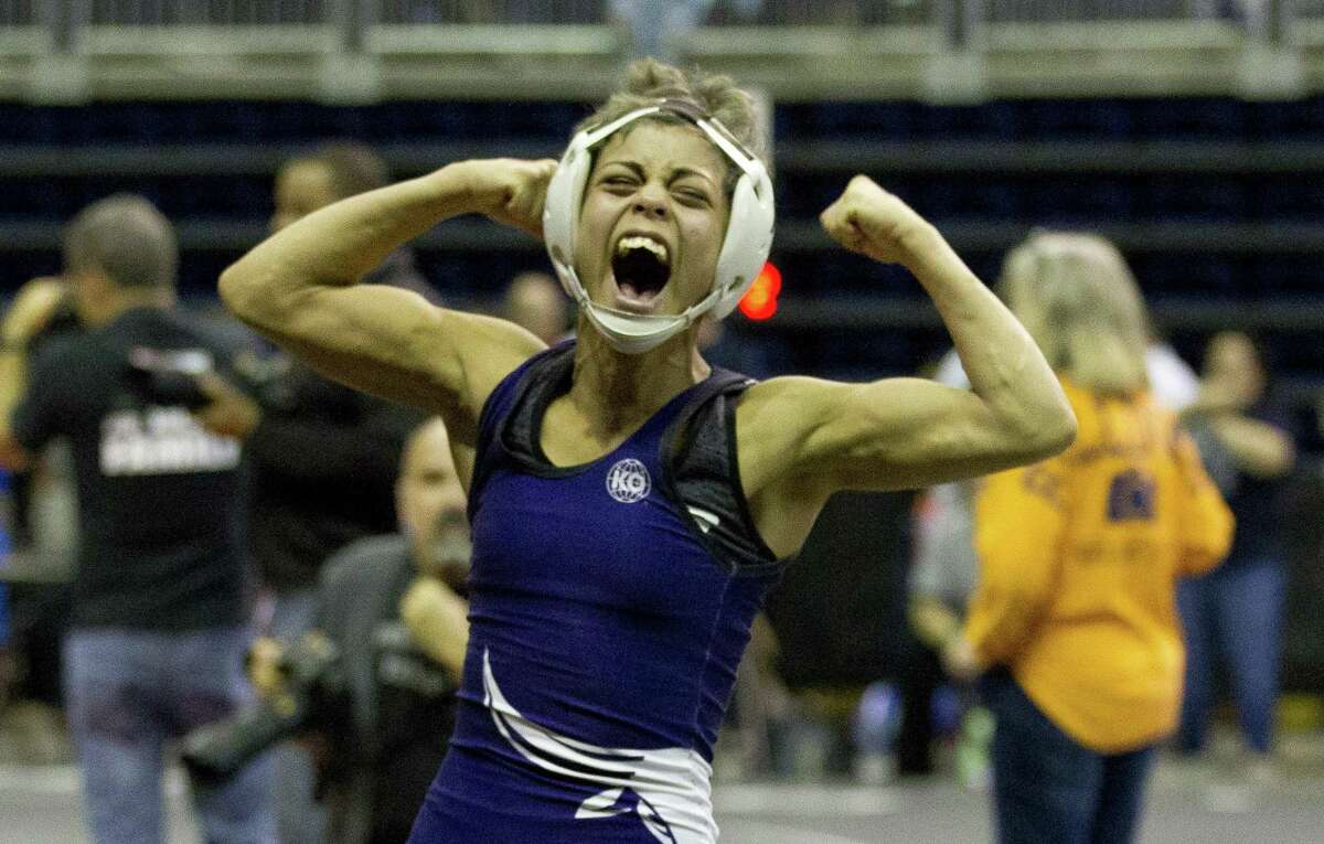 Chelsea Sanchez of Morton Ranch reacts after defeating Annamarie Crixell of Oak Ridge in a Class 6A girls 110-pound semifinal bout during the UIL State Wrestling Championships at the Berry Center on Feb. 24, 2018, in Cypress.