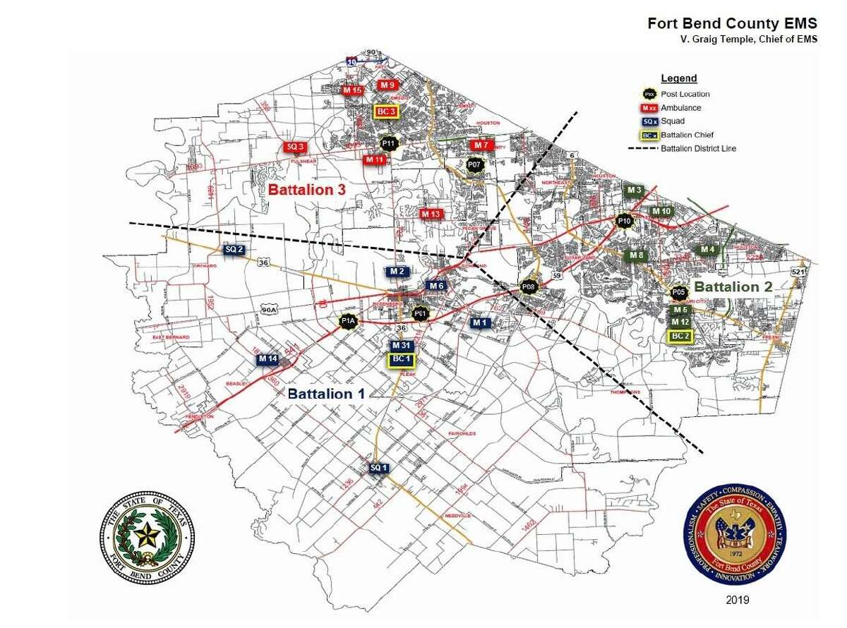 This map shows from Graig Temple, chief of EMS, Fort Bend County EMS, shows locations of emergency response vehicles and personnel.