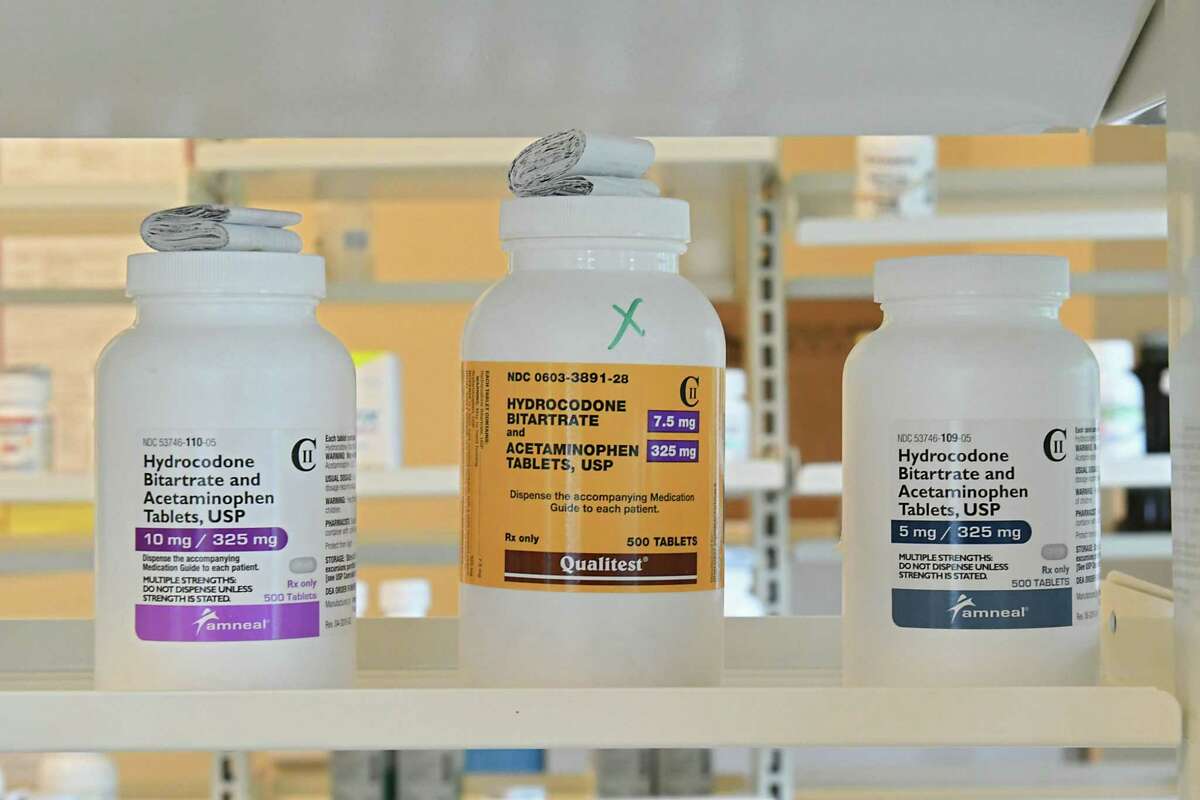 Opioid pills on a pharmacy shelf. (Lori Van Buren/Times Union)
