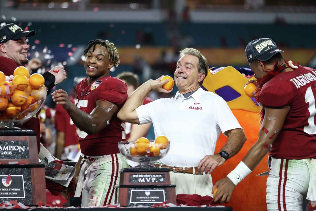 MIAMI, FL - DECEMBER 29: Head coach Nick Saban of the Alabama Crimson Tide celebrates after the win against Oklahoma Sooners during the College Football Playoff Semifinal at the Capital One Orange Bowl at Hard Rock Stadium on December 29, 2018 in Miami, Florida.