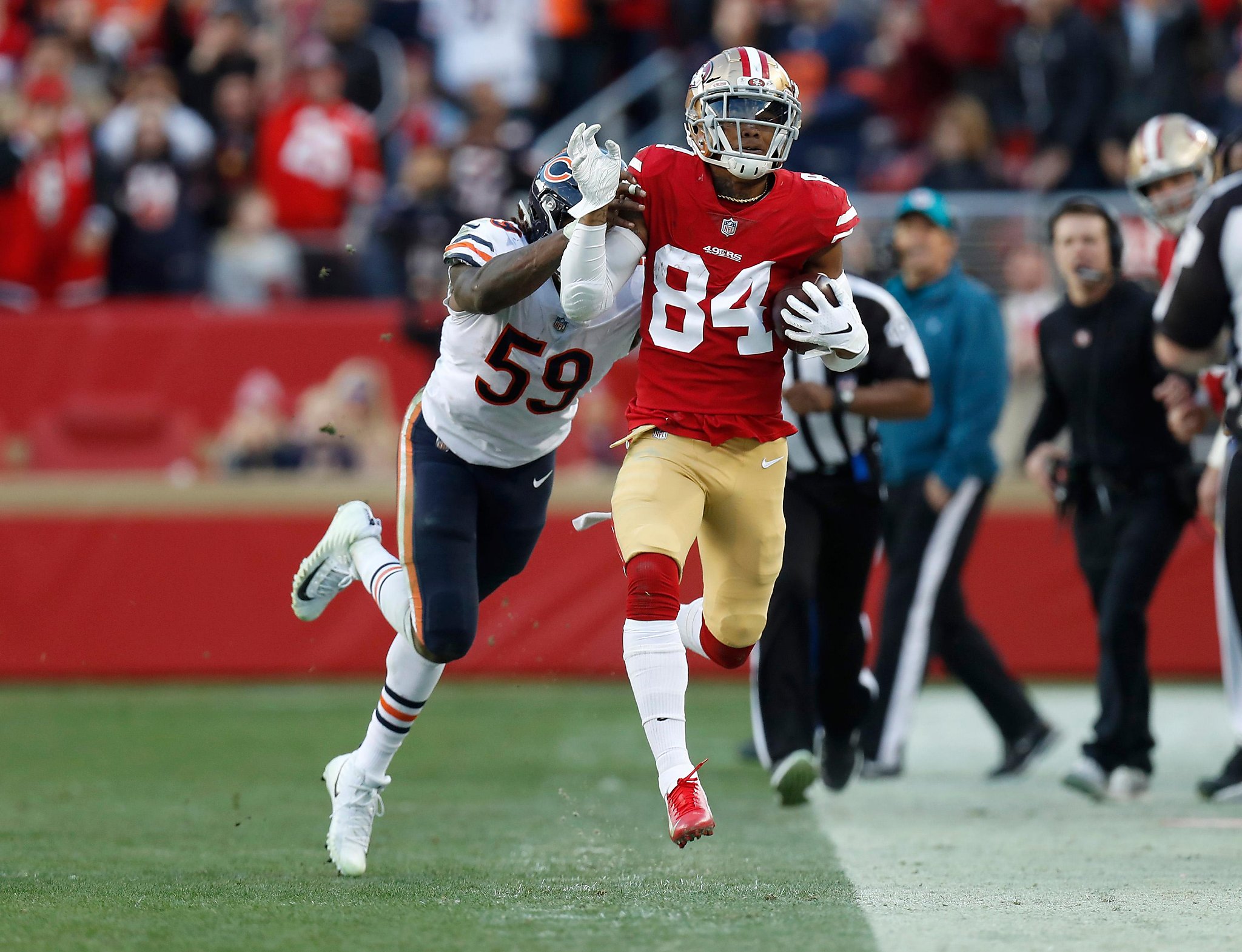 September 30, 2018 San Francisco 49ers wide receiver Kendrick Bourne (84)  celebrates a catch during the football game between the San Francisco 49ers  and the Los Angeles Chargers at the StubHub Center