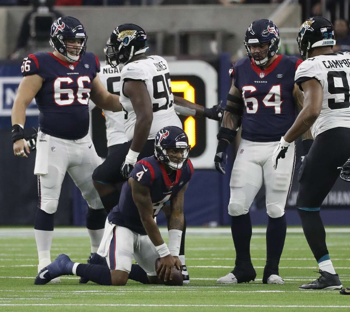 Keeping Deshaun Watson upright arguably will be the Texans' top priority next season after he was sacked 62 times in 2018.