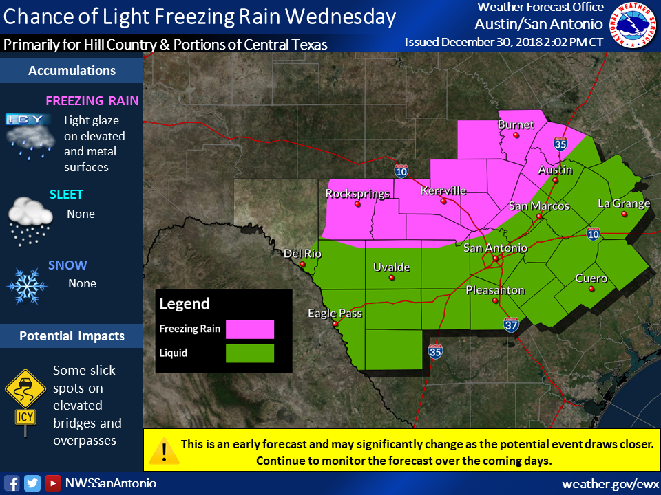 NWS: Chances of light freezing rain across Hill Country, Central Texas ...