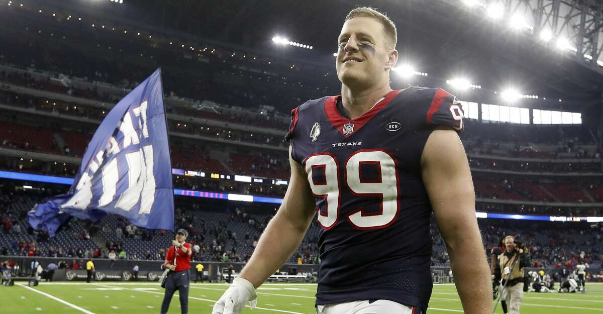 Houston Texans defensive end J.J. Watt (99) smiles as he comes off the field after the Texans 20-3 win over Jacksonville Jaguars after an NFL football game at NRG Stadium, Sunday, Dec. 30, 2018, in Houston.