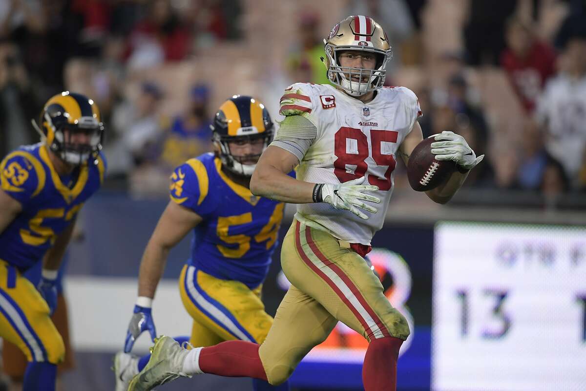 San Francisco 49ers tight end George Kittle scores during the second half in an NFL football game against the Los Angeles Rams Sunday, Dec. 30, 2018, in Los Angeles. (AP Photo/Mark J. Terrill)