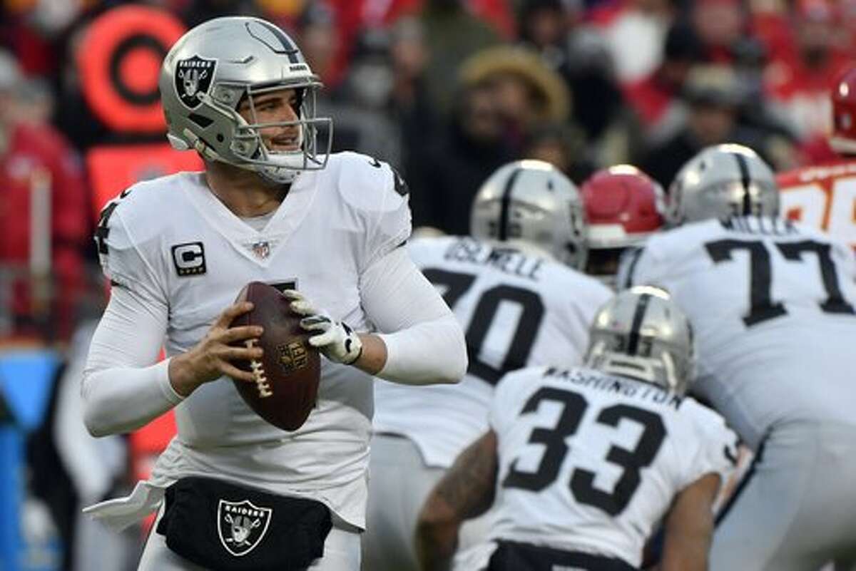 Oakland Raiders quarterback Derek Carr (4) looks for a receiver during the first half of an NFL football game against the Kansas City Chiefs in Kansas City, Mo., Sunday, Dec. 30, 2018. (AP Photo/Ed Zurga)