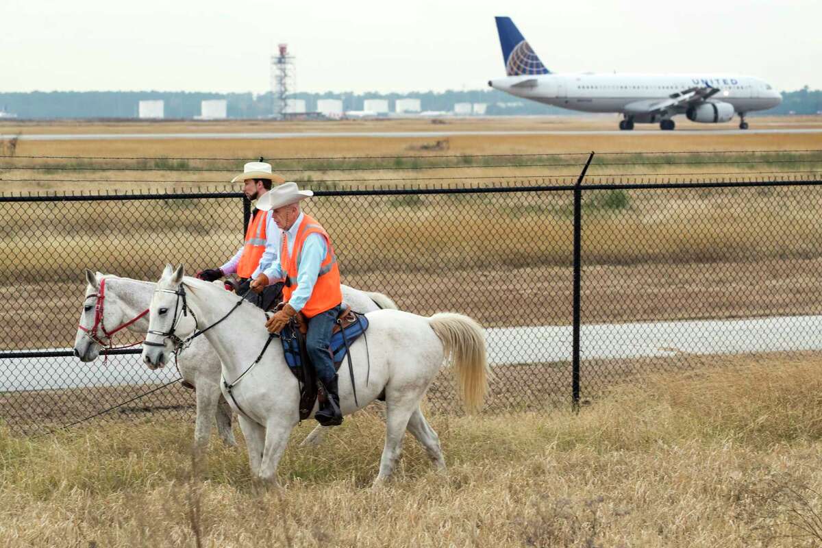Airport Rangers Emil Sheegog and Leif Hakansson patrol along the perimeter fence at George Bush Intercontinental Airport on Monday, Dec. 17, 2018, in Houston. The Airport Rangers are mounted patrols that include off-duty law enforcement officers who ride their horses along the perimeter of the 13,000 acres of IAH including wooded trails.