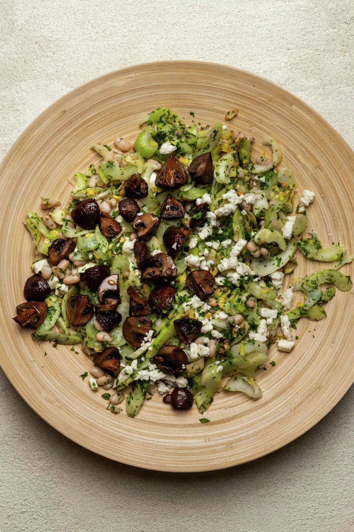 Recipe Celery Salad with Roasted Mushrooms, White Beans and Feta