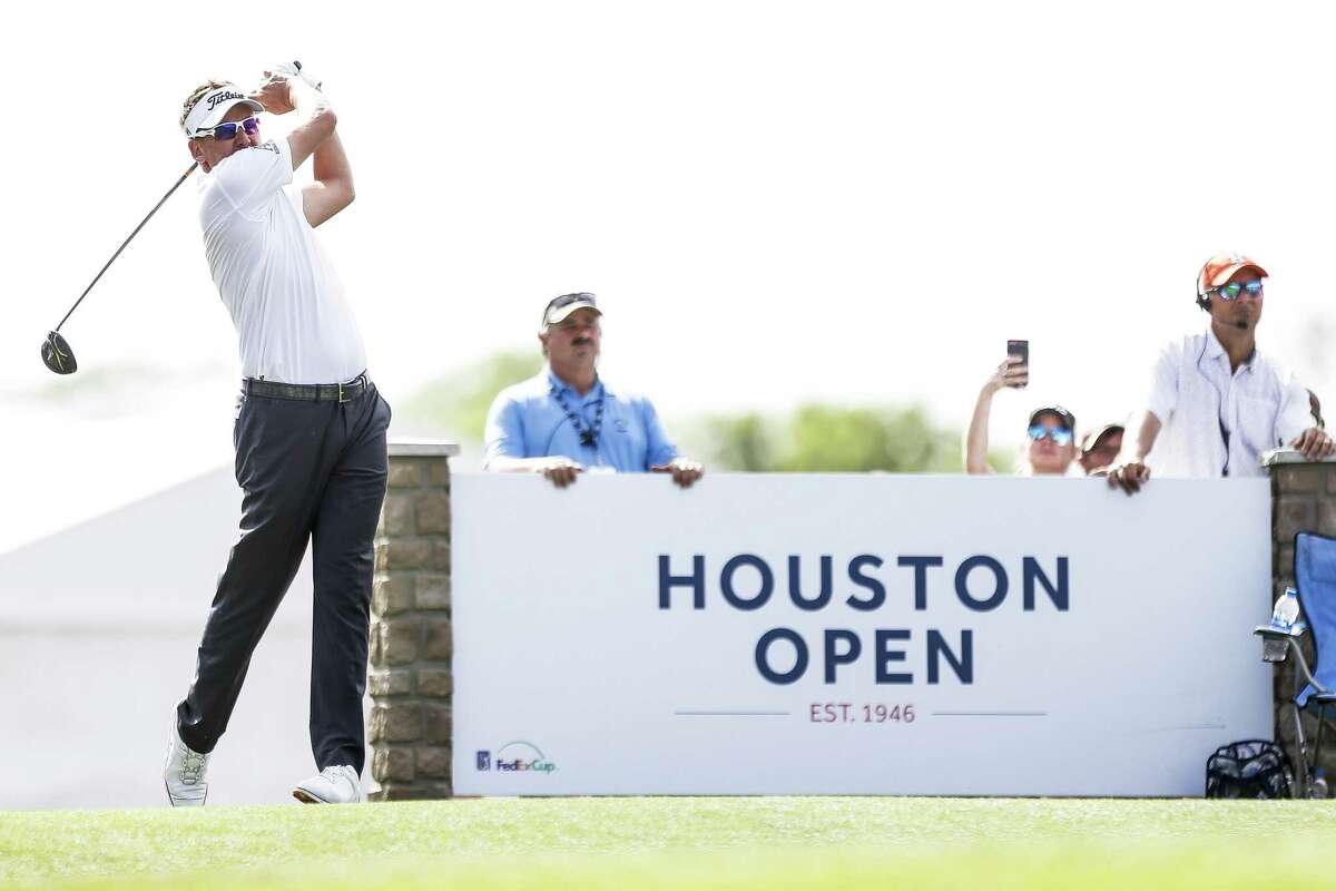 Ian Poulter tees off on the 17th hole during the Championship Round of the Houston Open Sunday, April 1, 2018 in Humble.