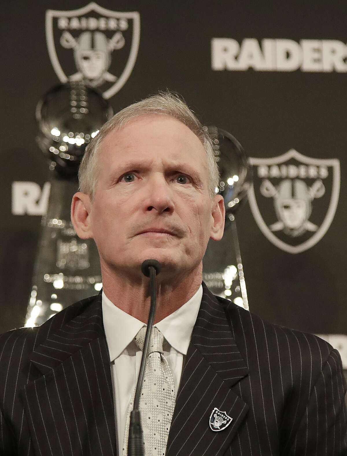 Mike Mayock speaks as at a news conference where he was introduced as the new Oakland Raiders general manager at the team's headquarters in Oakland, Calif., Monday, Dec. 31, 2018. (AP Photo/Jeff Chiu)