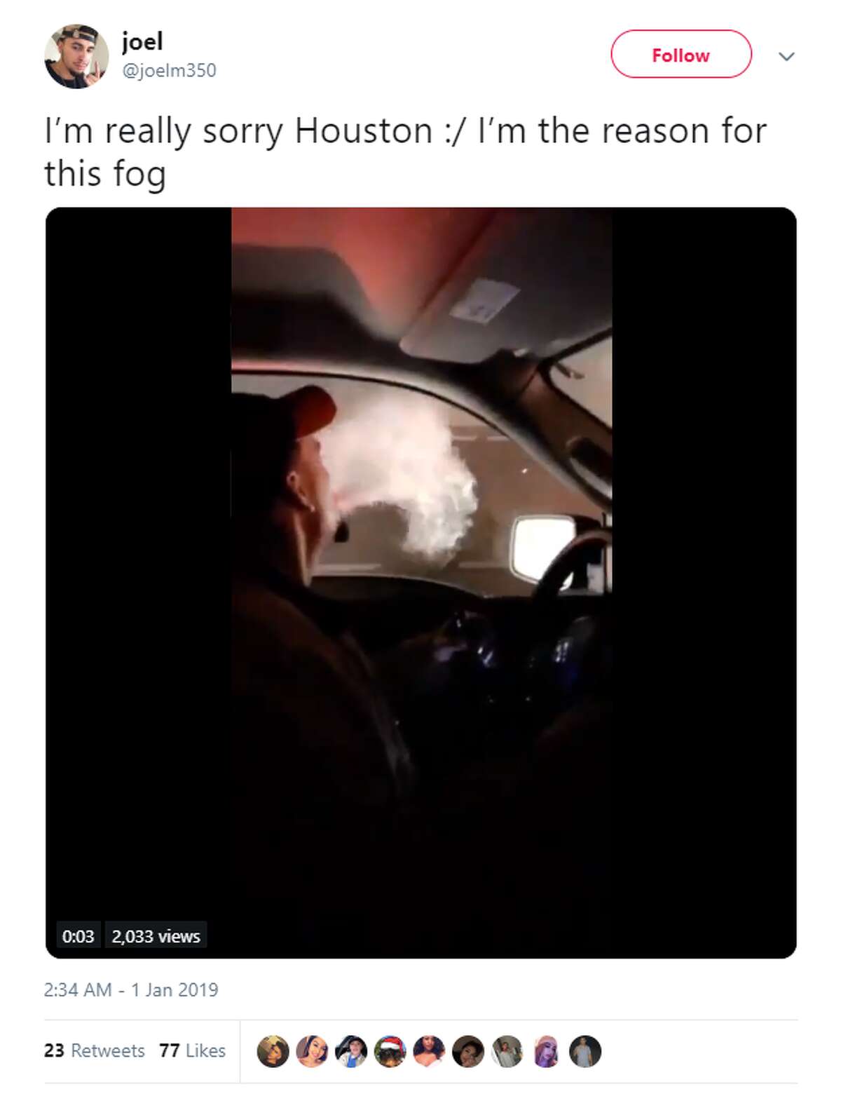 Drivers were left stranded and some Houston area residents say they barely made it home because of a thick layer of fog and firework smoke that covered the area early New Year's Day.