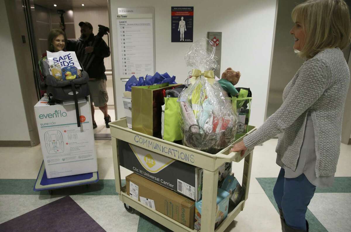 Two carts of gifts are rolled to the hospital room of Marcela Lara Perez, who gave birth to the city’s first baby of 2019, Prisca Belem Garcia Lara.