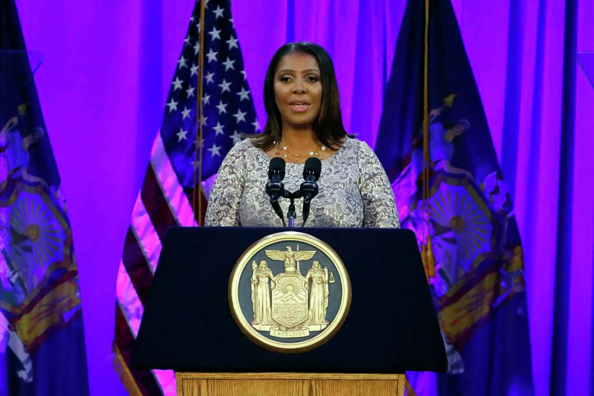 New York State Attorney General Letitia James delivers her speech, on Ellis Island in New York Harbor, Tuesday, Jan. 1, 2019.