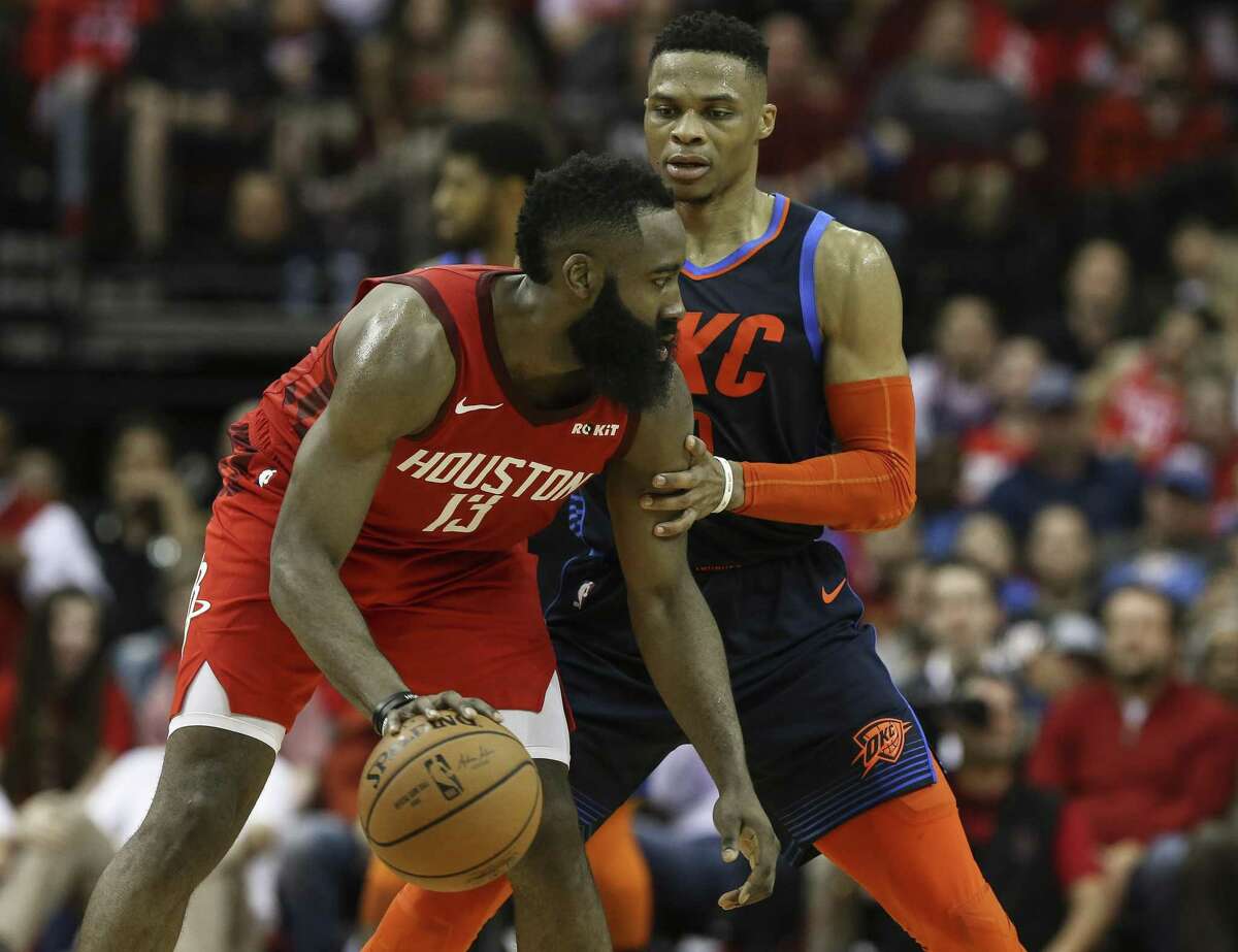 When push comes to shove, not even prolific Thunder star Russell Westbrook, right, can hold a candle to what the Rockets’ James Harden achieved during a 10-game December run in which he averaged 40.8 points.