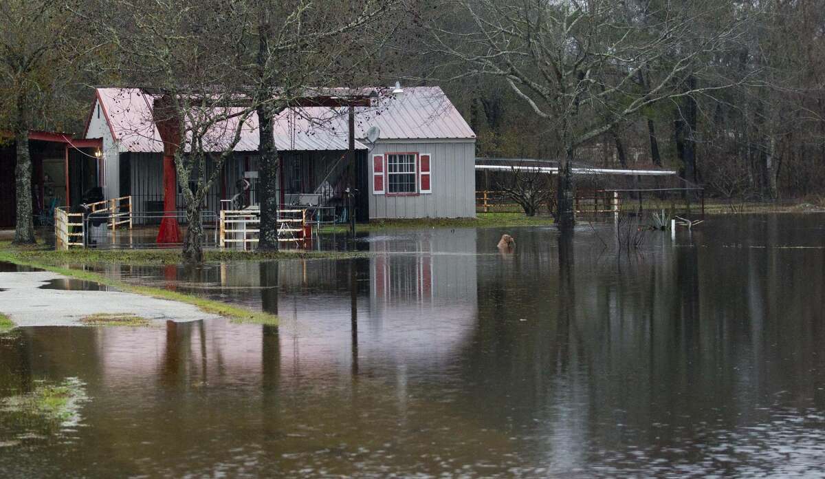 Flooding encroaches on a home on Greenbough Street after heavy rains, Thursday, Jan. 3, 2019, in Conroe.