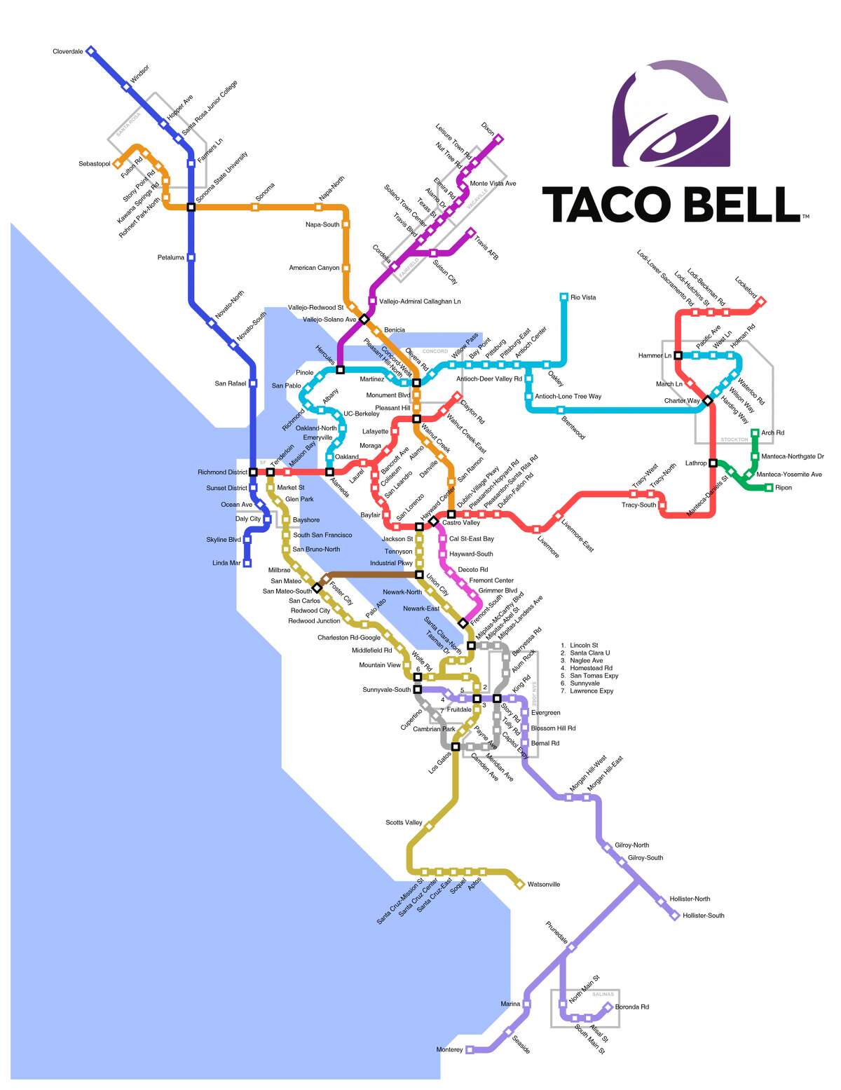 A map envisioning the Bay Area's transit system connected by Taco Bell restaurants, created by 16-year-old Jeff McGough.