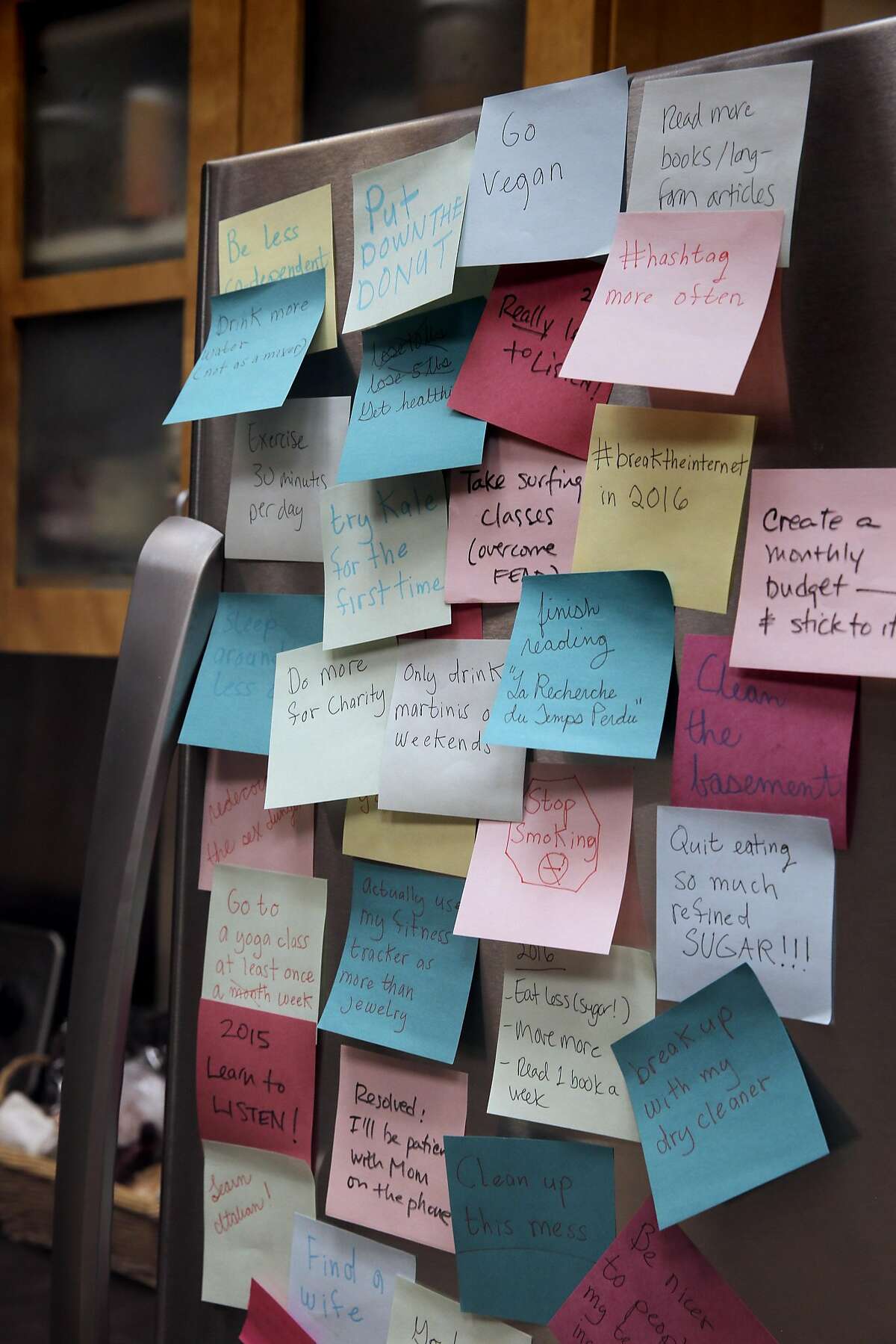 Post-it notes illustrating New Year's resolutions for 2016 in San Francisco. Like everything else, social media has changed the process of resolution-making.