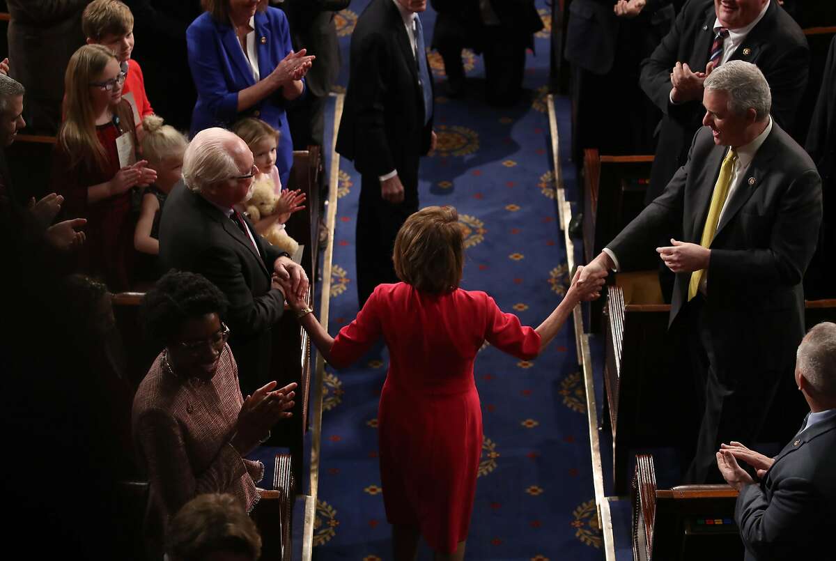 WASHINGTON, DC - JANUARY 3: House Speaker-elect Rep. Nancy Pelosi (D-CA) is introduced during the first session of the 116th Congress at the U.S. Capitol January 3, 2019 in Washington, DC. Under the cloud of a partial federal government shutdown, Pelosi will reclaim her former title as Speaker of the House and her fellow Democrats will take control of the House of Representatives for the second time in eight years. 