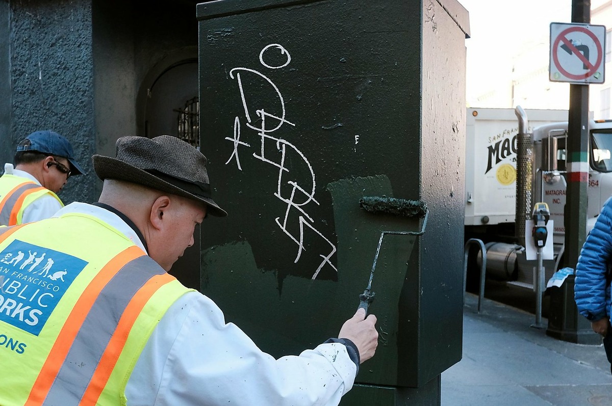 Department of Public Works graffiti unit employee David Yu paints over graffiti on an electrical box on Columbus Ave. in San Francisco, Calif., on Thursday, December 27, 2018.