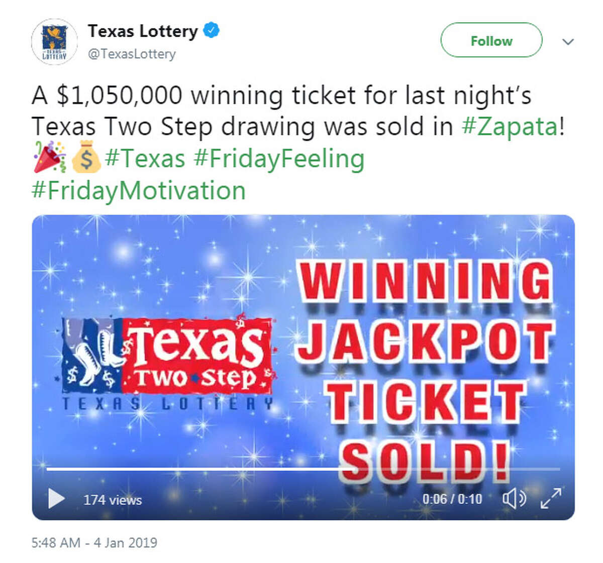 Someone in Zapata just won over $1 million, the Texas Lottery said Thursday.