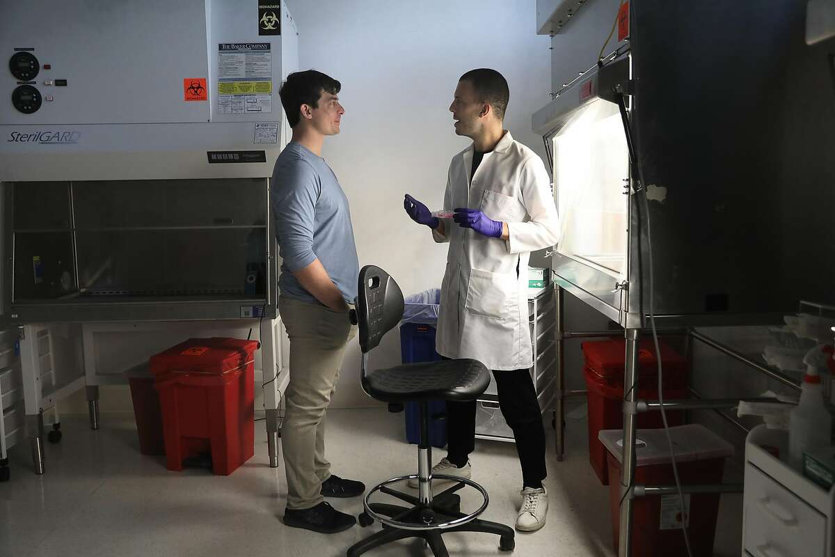 Just CEO Josh Tetrick (left) checks in at the lab with Vitor Santo (right), senior scientist in cellular agriculture, at Just Inc. on Thursday, Dec. 6, 2018, in San Francisco, Calif. Lab-grown meat is made from cultured cells of the original animal, without killing or even hurting any animals.