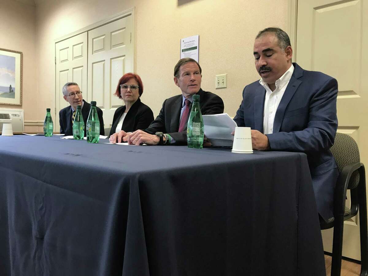 Left to right is Bruce Barber of NPR, Gail D’Onofrio, chairwoman of the Yale Department of Emergency Medicine, Richard Blumenthal and Fuad Abujarad, assistant professor of Yale Department of Emergency Medicine.