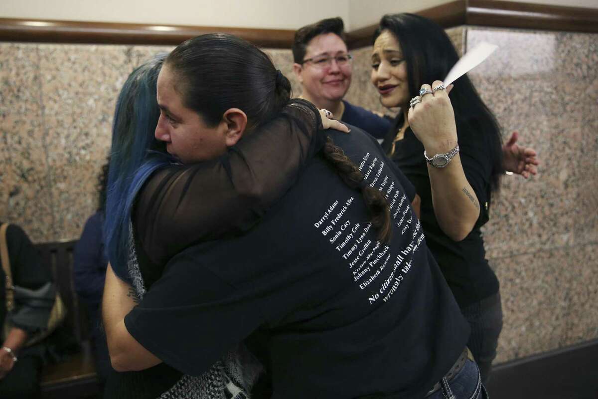 The San Antonio Four hug outside the Bexar County 175th Criminal District Court after Judge Catherine Torres-Stahl signed orders for the expunction of their criminal records, Monday, Dec. 3, 2018. They are from left, Elizabeth Ramirez, 44, Anna Vasquez, 43, Kristie Mayhugh, 44 and Cassandra Rivera, 43. They were wrongly convicted of sexually assaulting two girls in 1994. After their release from prison in 2013, they were exonerated in November of 2016.