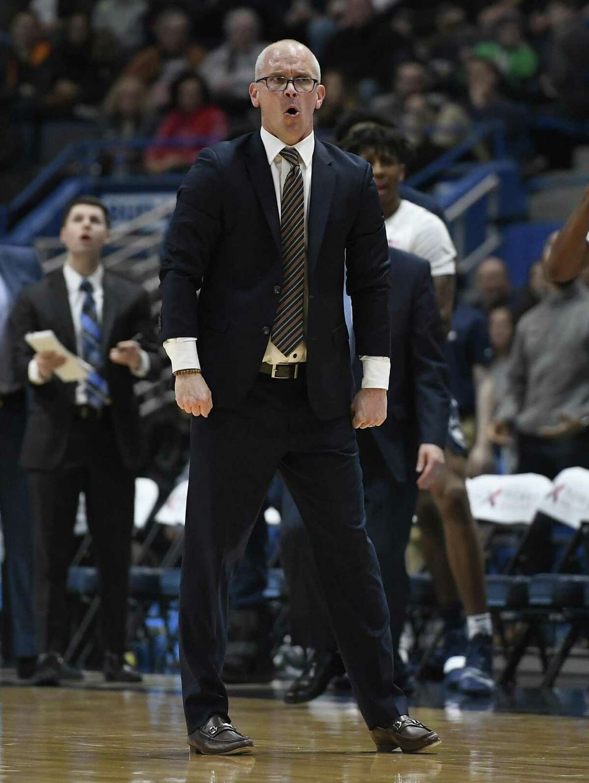 UConn coach Dan Hurley reacts toward an official during the first half on Saturday.