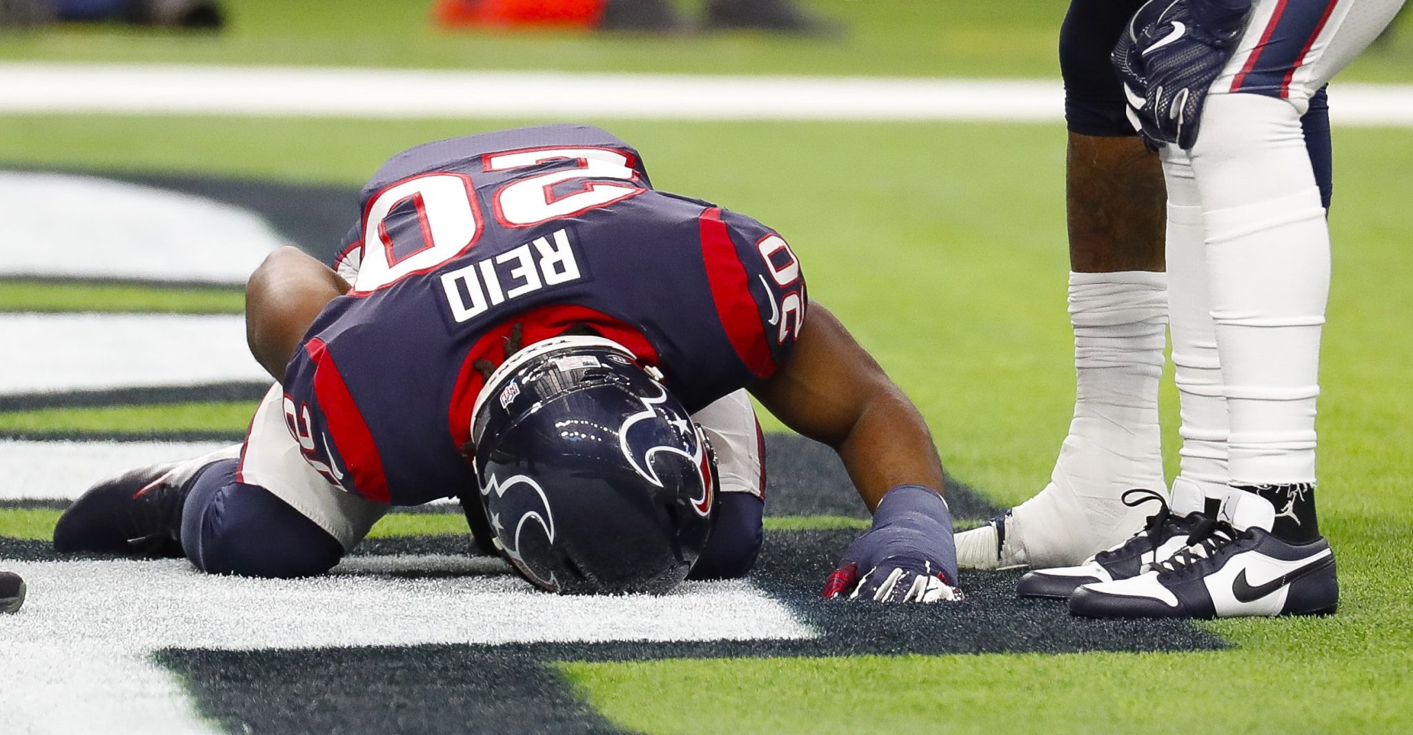 October 27, 2019 : Houston Texans strong safety Justin Reid (20) being  introduced prior to the game against the Oakland Raiders at NRG Stadium in  Houston, Texas. The score at the half