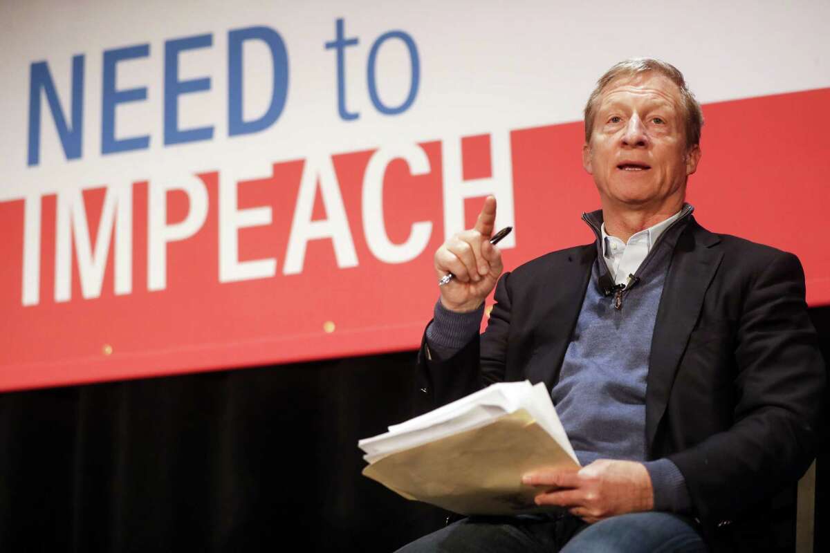In this file photo, political activist Tom Steyer speaks during the "Need to Impeach" town hall event at the Clifton Cultural Arts Center, Friday, March 16, 2018.