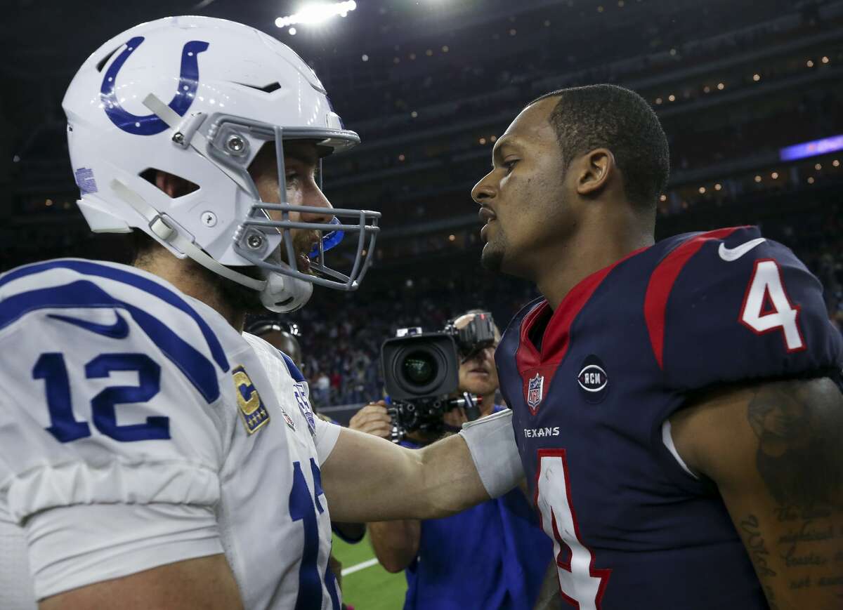 Indianapolis Colts quarterback Andrew Luck (12) and Houston Texans quarterback Deshaun Watson (4) chat after the NFL first round playoff game at NRG Stadium Saturday, Jan. 5, 2019, in Houston. The Colts won 21-7.