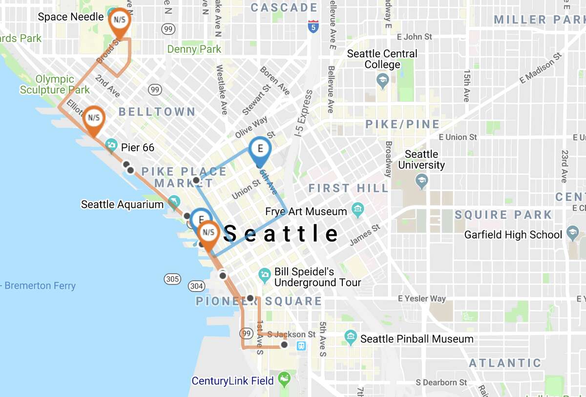 The north-south and east-west waterfront shuttle routes.
