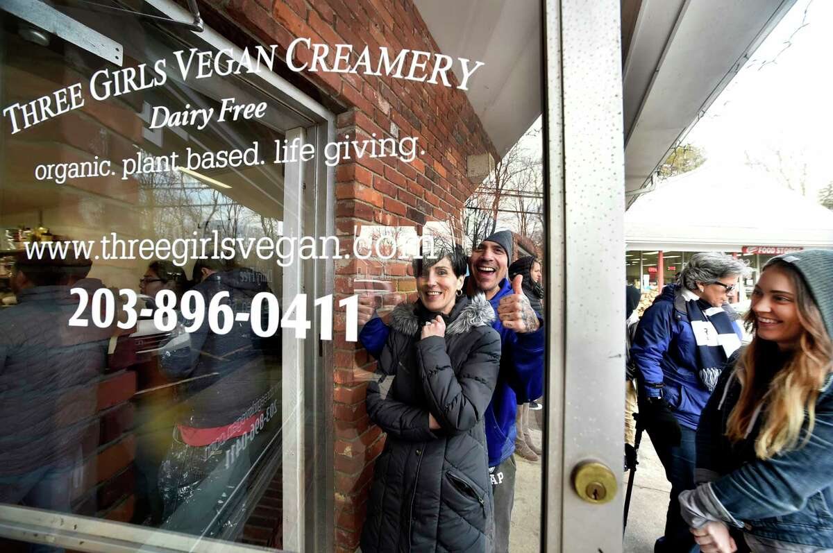People wait outside Three Girls Vegan Creamery of Guilford Three Girls Vegan Creamery, GuilfordVegetarian or vegan  —  Readers' Choice, New Haven County