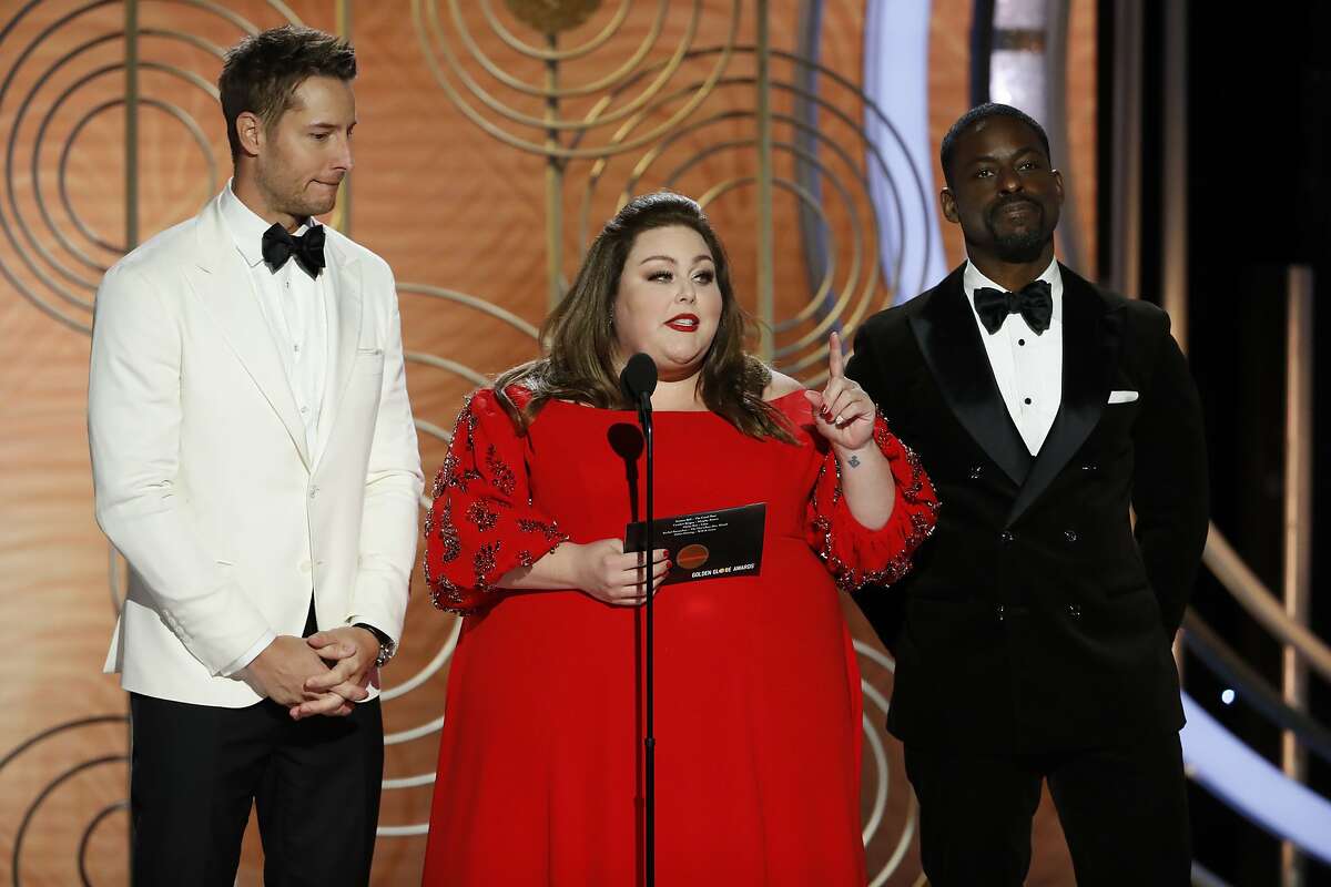 BEVERLY HILLS, CALIFORNIA - JANUARY 06: In this handout photo provided by NBCUniversal, pRESENTERS Justin Hartley, Chrissy Metz and Sterling K. Brown speak onstage during the 76th Annual Golden Globe Awards at The Beverly Hilton Hotel on January 06, 2019 in Beverly Hills, California. (Photo by Paul Drinkwater/NBCUniversal via Getty Images)