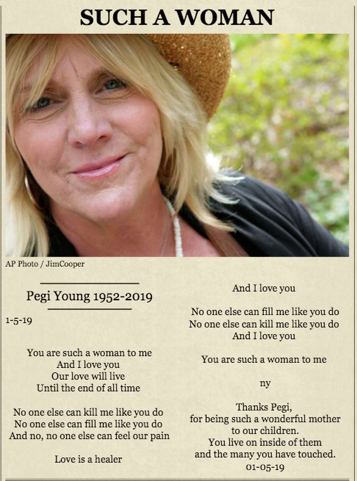 Musician Neil Young posted a touching tribute neilyoungarchives.com to his ex-wife Pegi Young who died on New Year's Day after a battle with cancer.