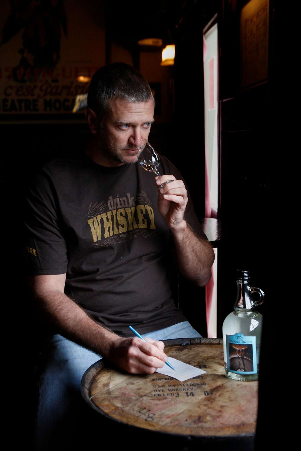 Elixir bar owner H. Joseph Ehrmann taste testing Marco K. Spirits' Doubled & Twisted IPA Whiskey Light for his blog on Wednesday, February 10, 2010, in San Francisco, Ca.