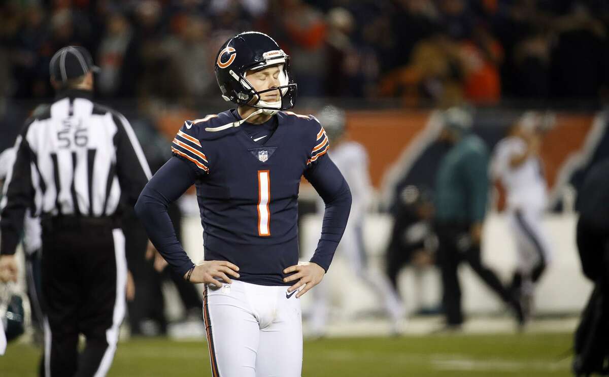Bears kicker Cody Parkey (1) walks off after missing a potential game-winning field goal in the final seconds against the Eagles during Sunday’s NFC Wild Card game at Soldier Field in Chicago. The Eagles beat the Bears, 16-15.