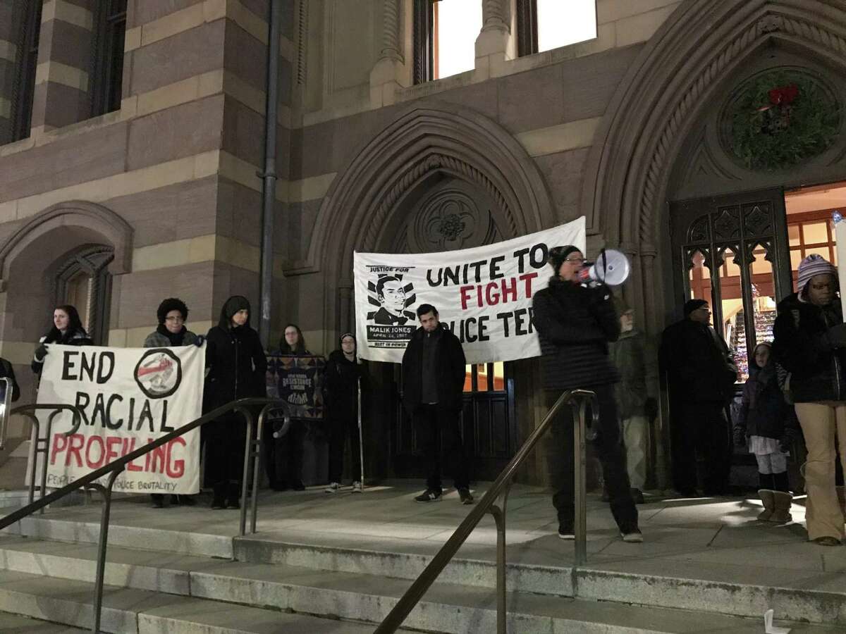 Protesters outside New Haven City Hall Monday before alders voted on a Civilian Review Board.
