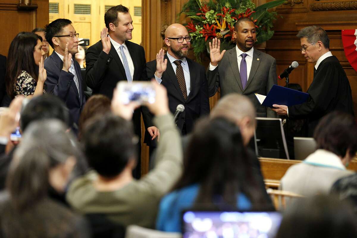 From left: Catherine Stefani, Gordon Mar, Matt Haney, Rafael Mandelman and Shamann Walton are sworn in to the Board of Supervisors at City Hall on Tuesday, Jan. 8, 2019, in San Francisco, Calif.