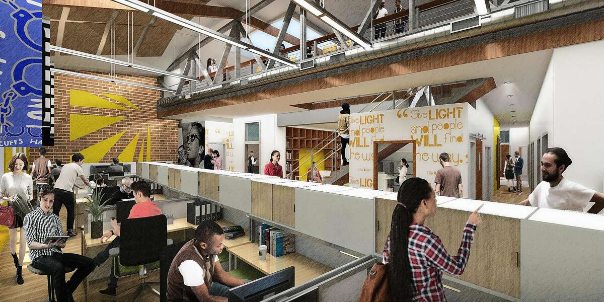 A rendering of an interior meeting space in the Restore Oakland facility now under construction in Oakland's Fruitvale district. The renovated building, which will include a restaurant emphasizing job training and a variety of community services, is expected to open in the spring of 2019.